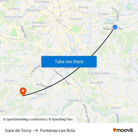 Gare de Torcy to Fontenay-Les-Briis map