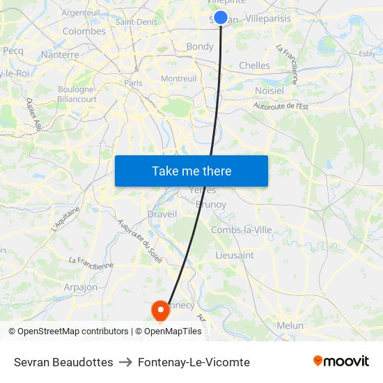 Sevran Beaudottes to Fontenay-Le-Vicomte map