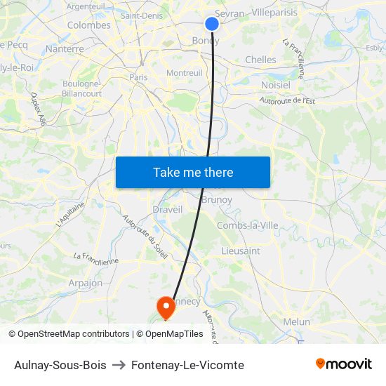 Aulnay-Sous-Bois to Fontenay-Le-Vicomte map