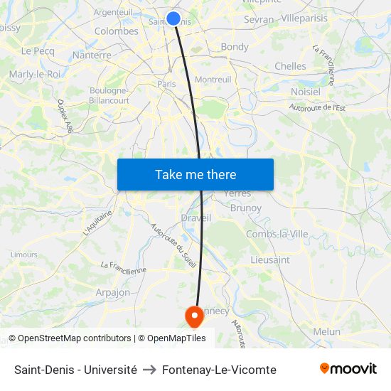 Saint-Denis - Université to Fontenay-Le-Vicomte map