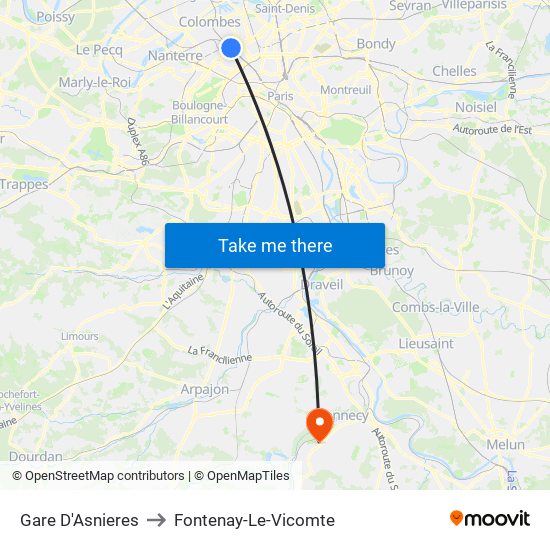 Gare D'Asnieres to Fontenay-Le-Vicomte map