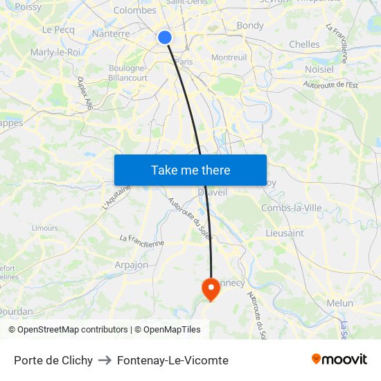 Porte de Clichy to Fontenay-Le-Vicomte map