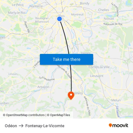 Odéon to Fontenay-Le-Vicomte map