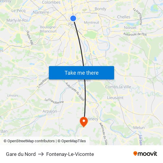 Gare du Nord to Fontenay-Le-Vicomte map