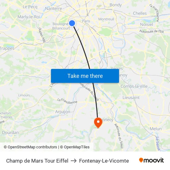 Champ de Mars Tour Eiffel to Fontenay-Le-Vicomte map