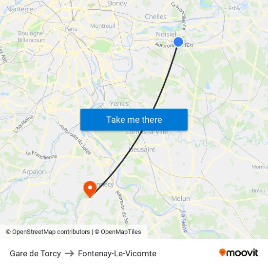 Gare de Torcy to Fontenay-Le-Vicomte map