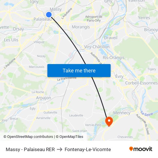 Massy - Palaiseau RER to Fontenay-Le-Vicomte map