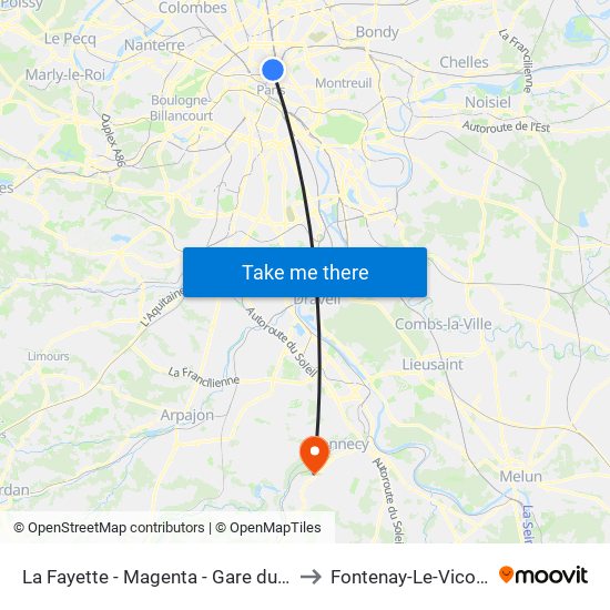 La Fayette - Magenta - Gare du Nord to Fontenay-Le-Vicomte map