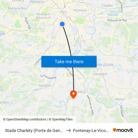 Stade Charléty (Porte de Gentilly) to Fontenay-Le-Vicomte map