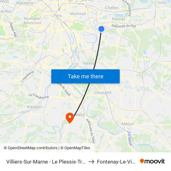 Villiers-Sur-Marne - Le Plessis-Trévise RER to Fontenay-Le-Vicomte map