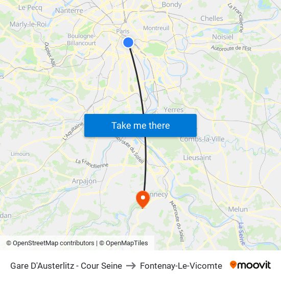 Gare D'Austerlitz - Cour Seine to Fontenay-Le-Vicomte map