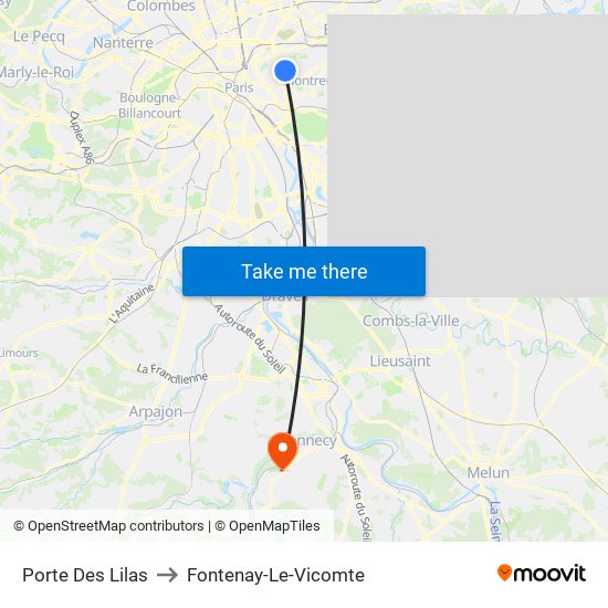 Porte Des Lilas to Fontenay-Le-Vicomte map