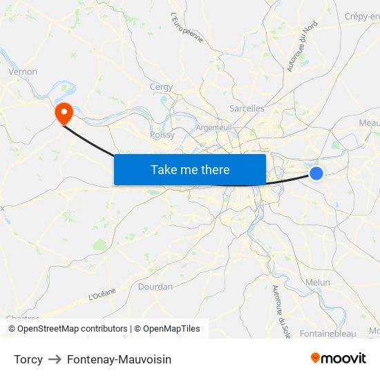 Torcy to Fontenay-Mauvoisin map