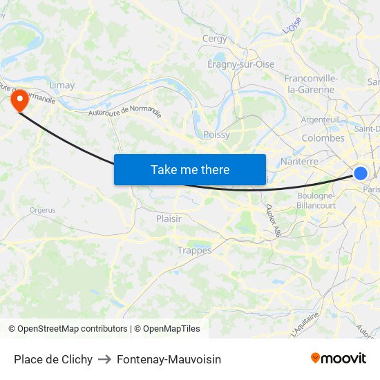 Place de Clichy to Fontenay-Mauvoisin map