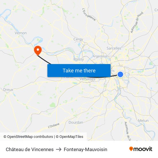 Château de Vincennes to Fontenay-Mauvoisin map