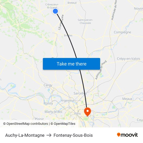 Auchy-La-Montagne to Fontenay-Sous-Bois map