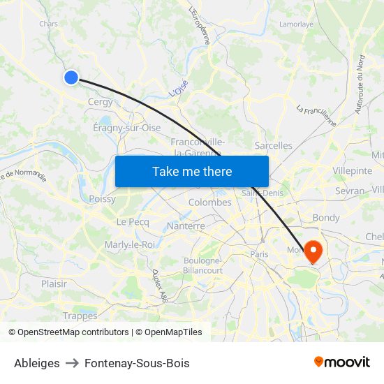 Ableiges to Fontenay-Sous-Bois map