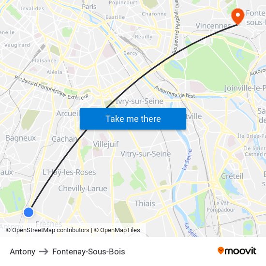 Antony to Fontenay-Sous-Bois map