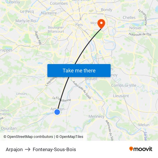 Arpajon to Fontenay-Sous-Bois map