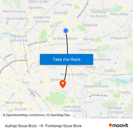 Aulnay-Sous-Bois to Fontenay-Sous-Bois map