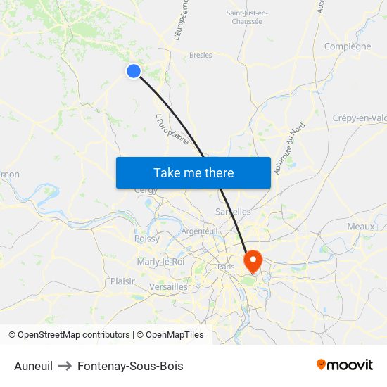 Auneuil to Fontenay-Sous-Bois map