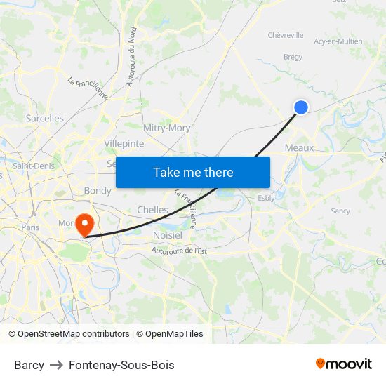 Barcy to Fontenay-Sous-Bois map