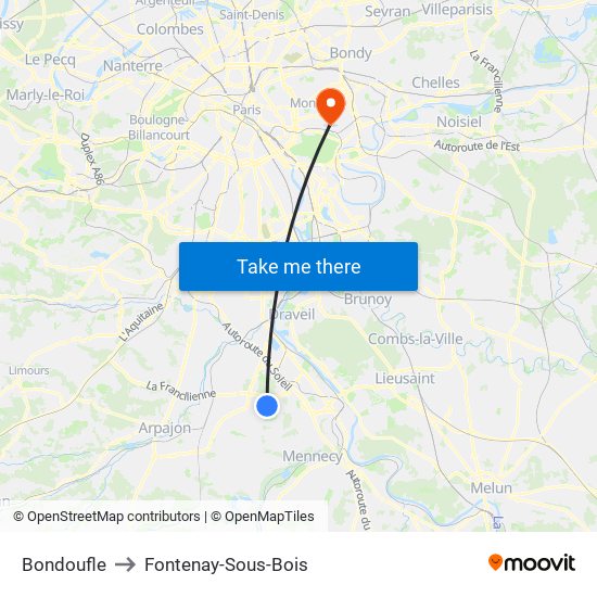 Bondoufle to Fontenay-Sous-Bois map