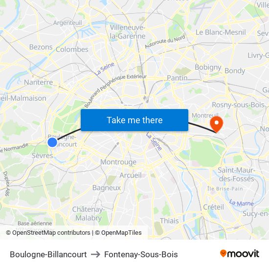 Boulogne-Billancourt to Fontenay-Sous-Bois map