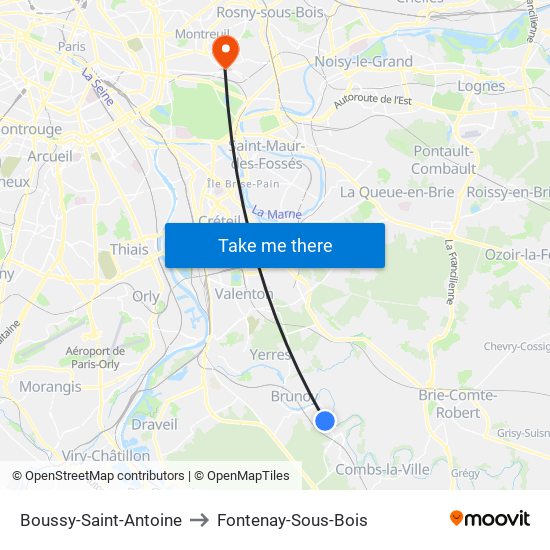 Boussy-Saint-Antoine to Fontenay-Sous-Bois map