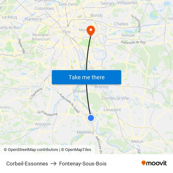 Corbeil-Essonnes to Fontenay-Sous-Bois map