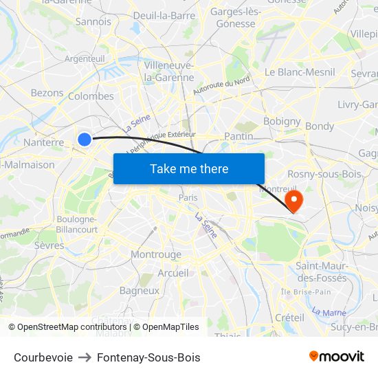 Courbevoie to Fontenay-Sous-Bois map