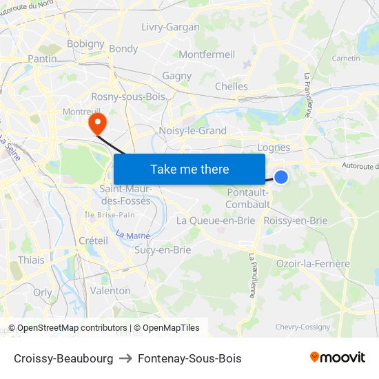 Croissy-Beaubourg to Fontenay-Sous-Bois map