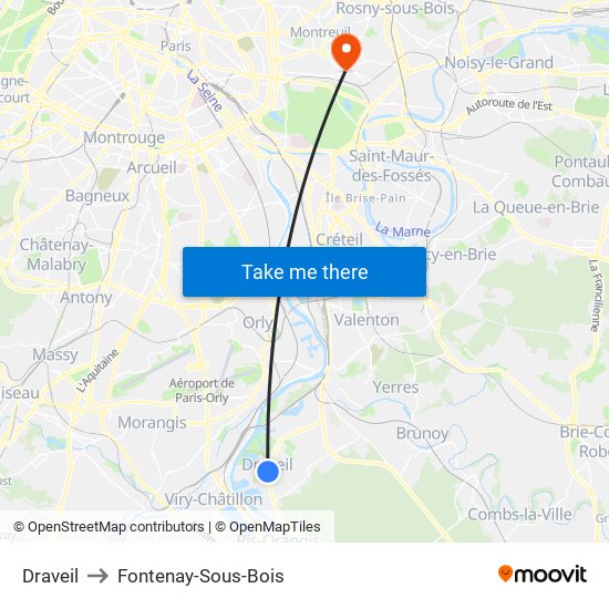 Draveil to Fontenay-Sous-Bois map