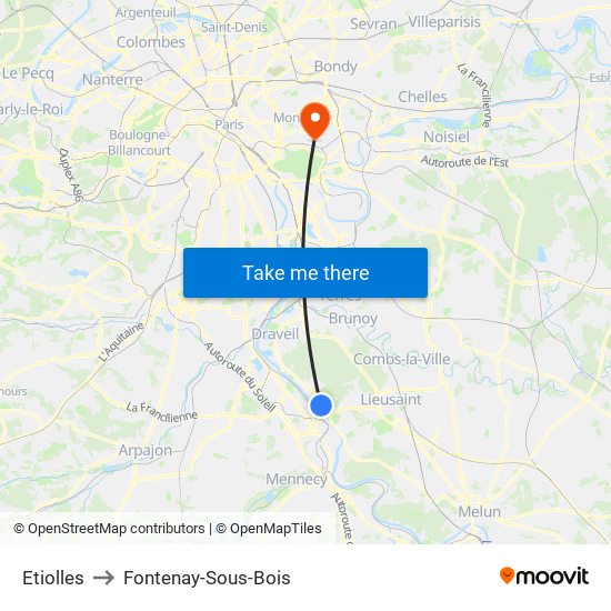 Etiolles to Fontenay-Sous-Bois map