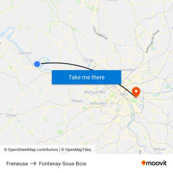 Freneuse to Fontenay-Sous-Bois map