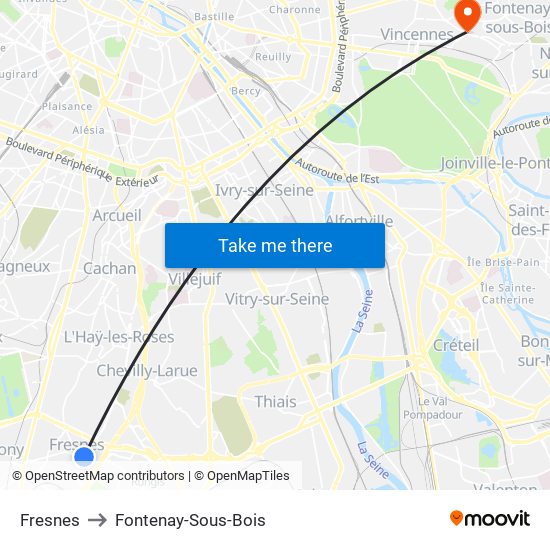 Fresnes to Fontenay-Sous-Bois map