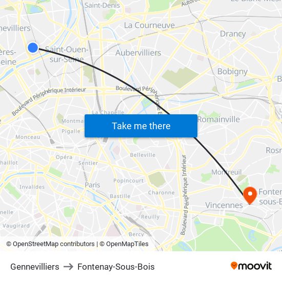 Gennevilliers to Fontenay-Sous-Bois map