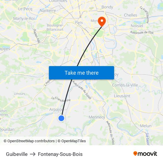 Guibeville to Fontenay-Sous-Bois map