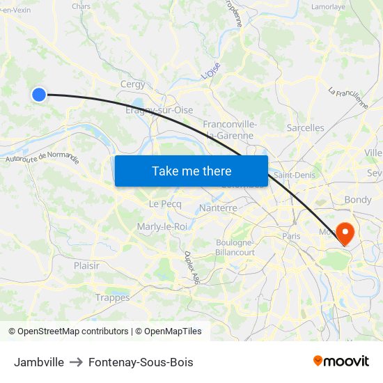 Jambville to Fontenay-Sous-Bois map