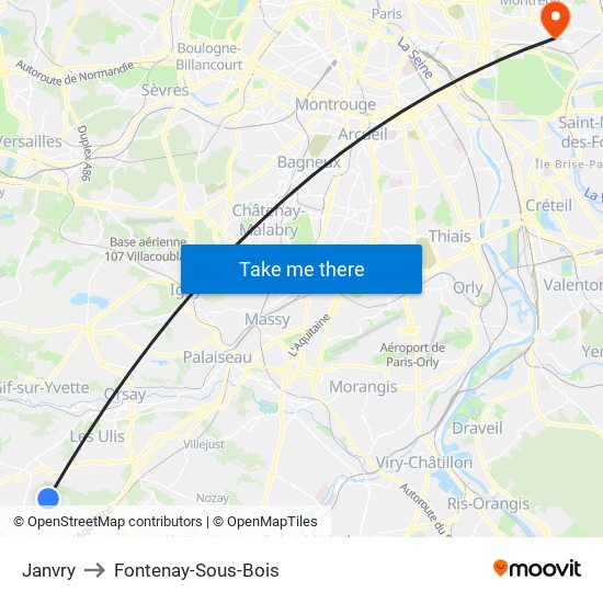 Janvry to Fontenay-Sous-Bois map