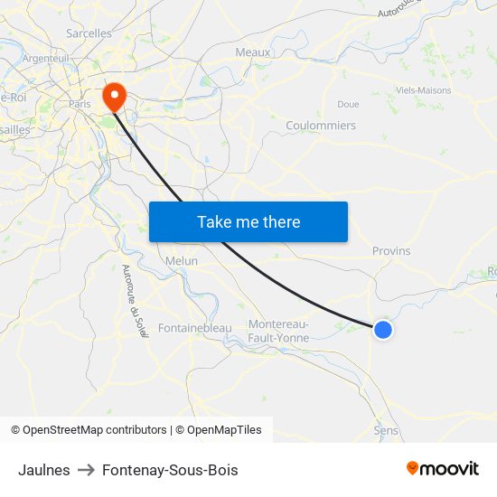 Jaulnes to Fontenay-Sous-Bois map