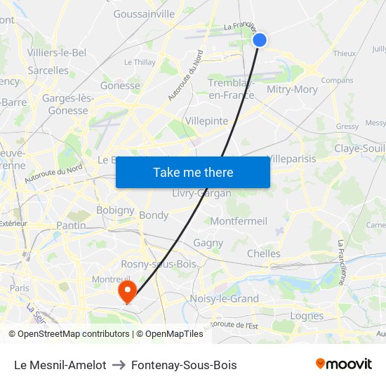 Le Mesnil-Amelot to Fontenay-Sous-Bois map