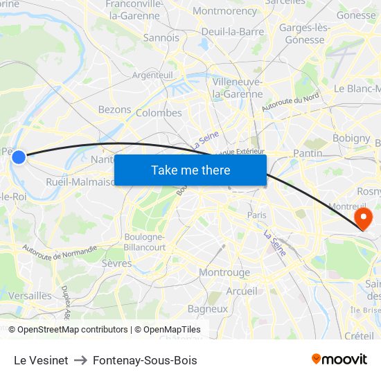 Le Vesinet to Fontenay-Sous-Bois map