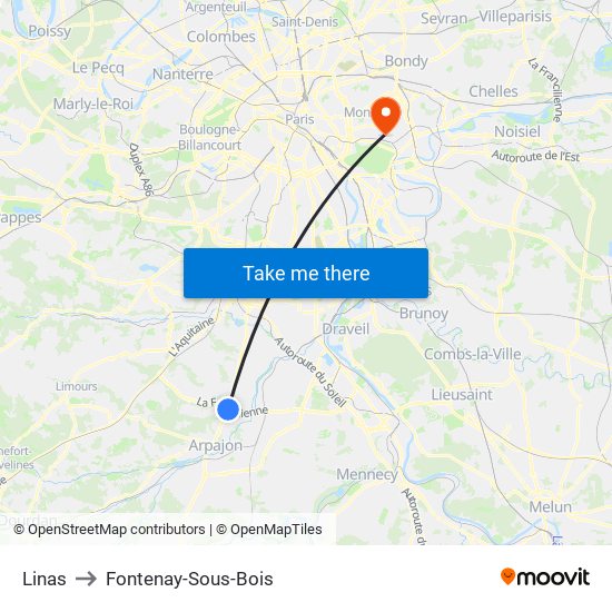 Linas to Fontenay-Sous-Bois map