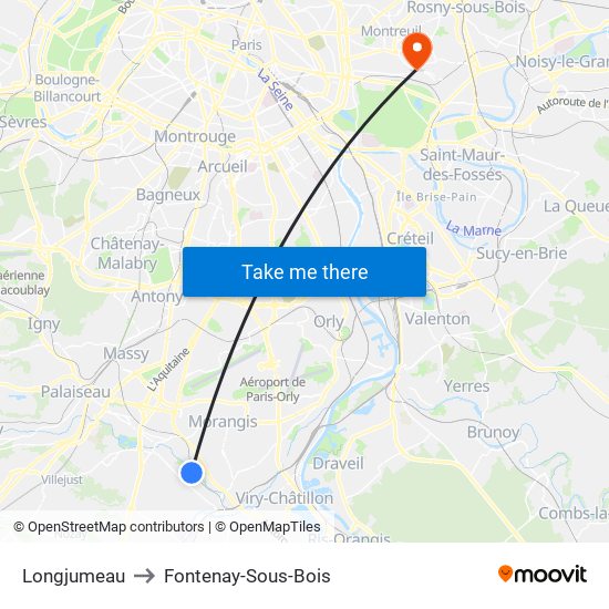 Longjumeau to Fontenay-Sous-Bois map