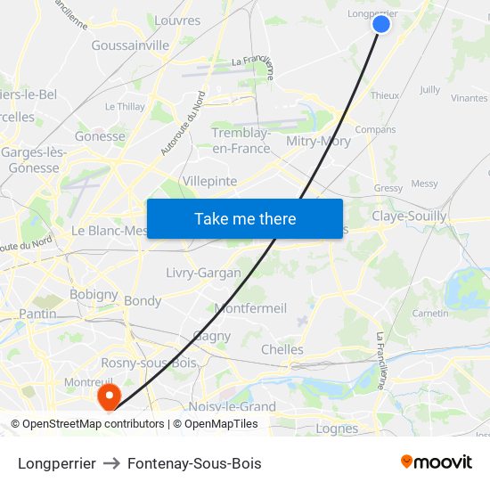 Longperrier to Fontenay-Sous-Bois map