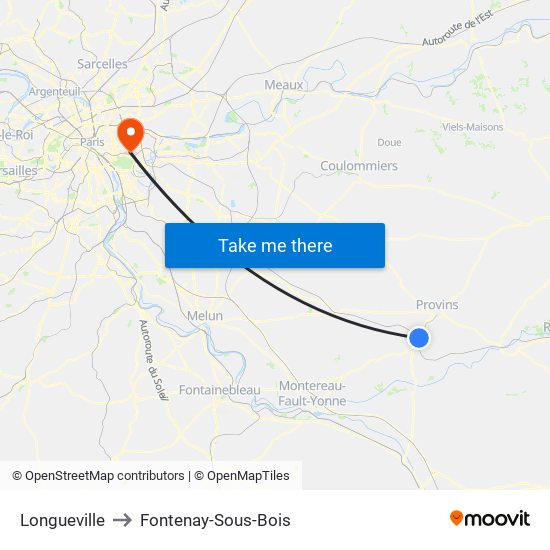 Longueville to Fontenay-Sous-Bois map