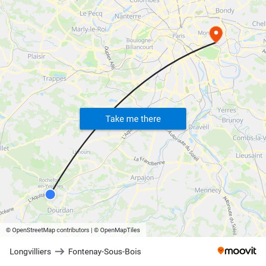 Longvilliers to Fontenay-Sous-Bois map