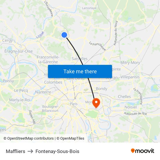 Maffliers to Fontenay-Sous-Bois map