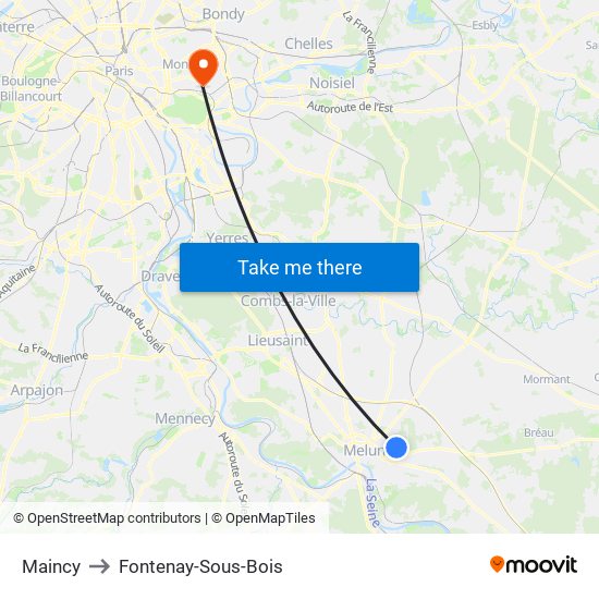 Maincy to Fontenay-Sous-Bois map
